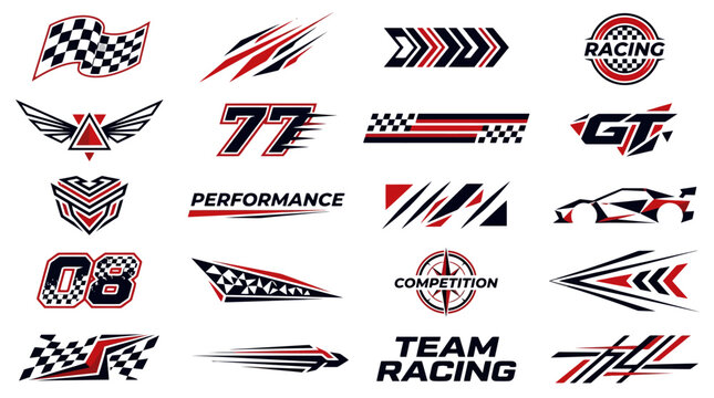 Racing decals and sports car graphics set, 20 vector speed stickers with checkered flags and performance logos, red and black automotive vinyl wraps