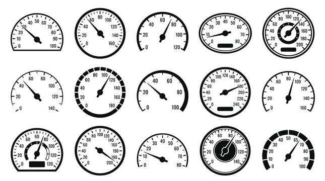 Automotive speedometer icon set, 15 black car dashboard gauge vectors, minimalist speed meter and odometer dial collection for interface design