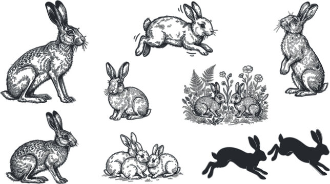 Vintage rabbit etching vector illustration set with retro engraved woodcut style wild hares and forest bunnies