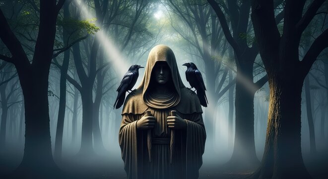 Ancient stone statue of a hooded deity with two black ravens perched on shoulders amidst a dark misty forest and dramatic atmosphere, mythology, fog, epic