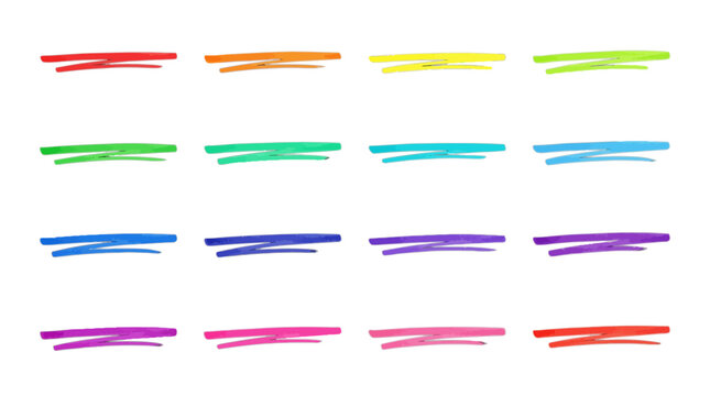 Hand drawn marker underlines set, colorful felt tip pen strokes and highlighter lines, 16 vibrant ink brush scribbles for text emphasis and correction