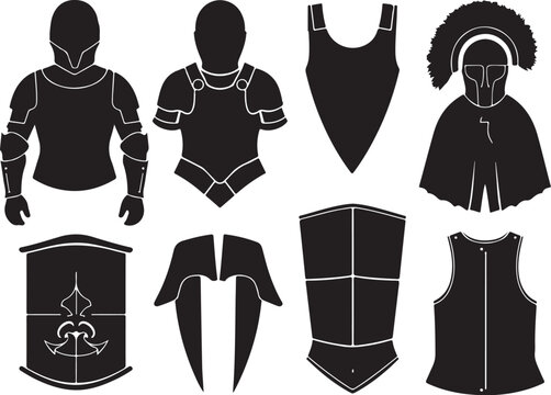 Medieval armor pieces, black silhouettes on white background