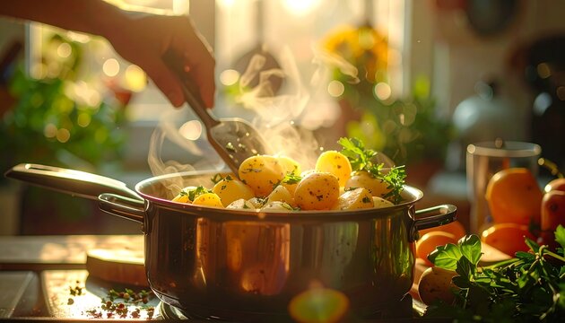 A steaming pot of food on a kitchen counter with a hand stirring