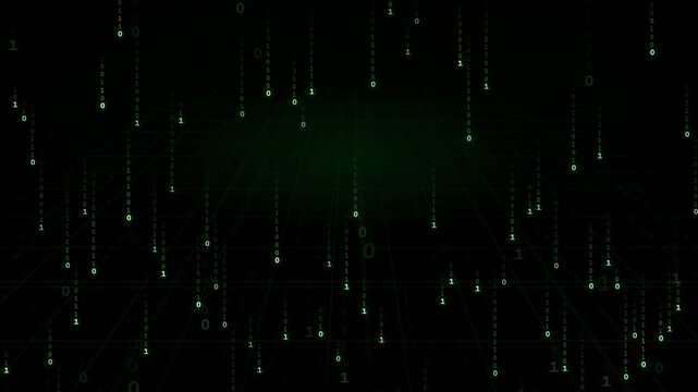 Abstract digital binary code rain falling over a dark green technological grid background
