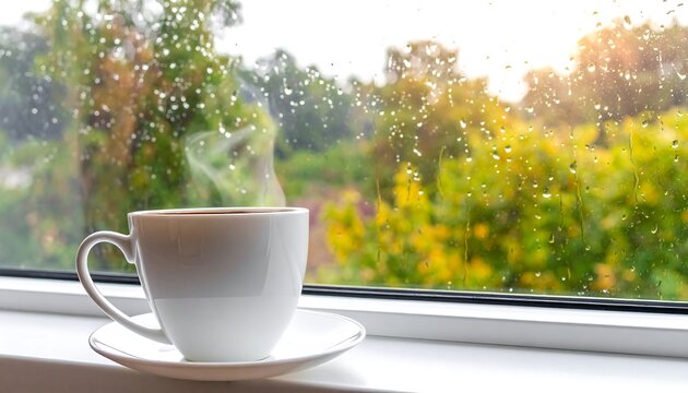 A steaming white coffee cup on a saucer sits on a windowsill overlooking a blurred green outdoor scene with sunlight