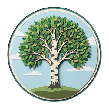 Green leafy tree with blue water and sky background isolated on transparent background