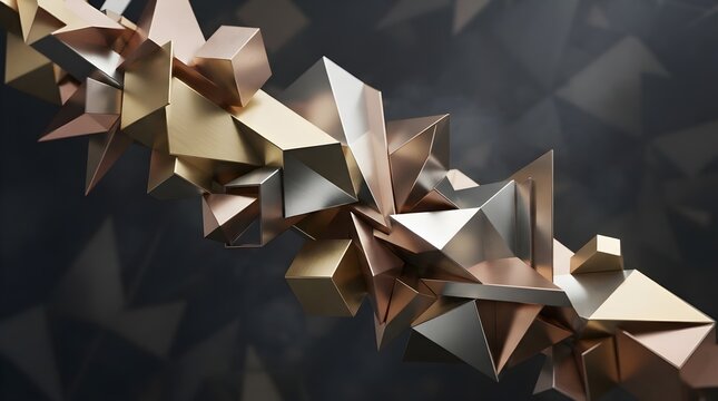 Dramatic abstract sculpture of fractured gold, bronze and silver low-poly shards flowing diagonally through a dark smoky space, creating an energetic three-dimensional composition of sharp metallic ge