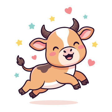 Cute Banteng Calf Jumping Kawaii Cartoon Animal Vector Illustration