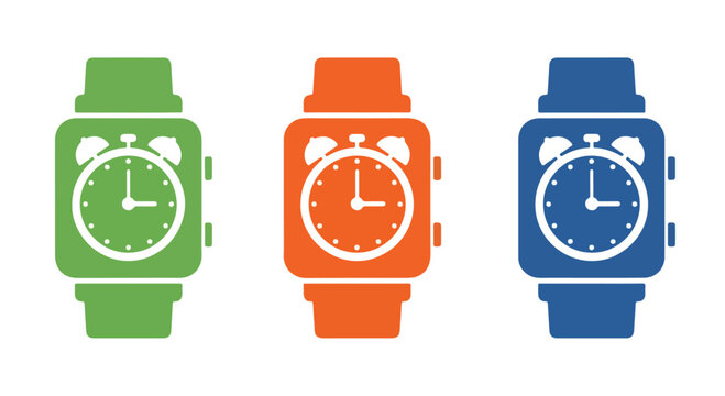 Three colorful wristwatches in green orange and blue on white background, illustrated as modern graphic icons.