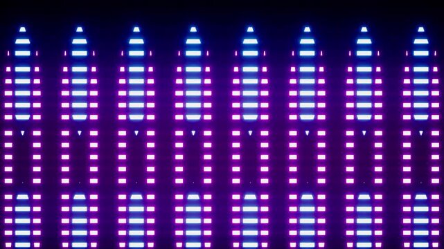 A futuristic panel of dashed pattern tile lamps illuminating with bright glowing geometric lines.