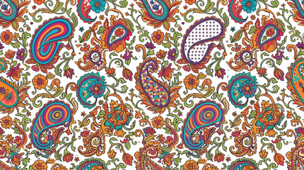Naklejka premium Colorful Paisley Seamless Pattern Vector with Floral Ornamental Motifs Decorative Bohemian Textile Print Vintage Indian Inspired Background Design