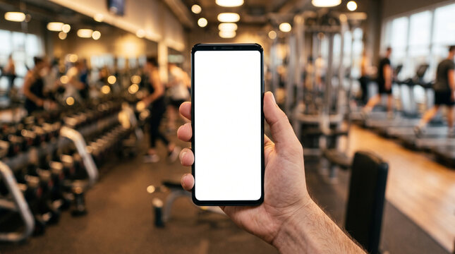 Closeup of a hand holding a smartphone with a blank white screen in a gym setting