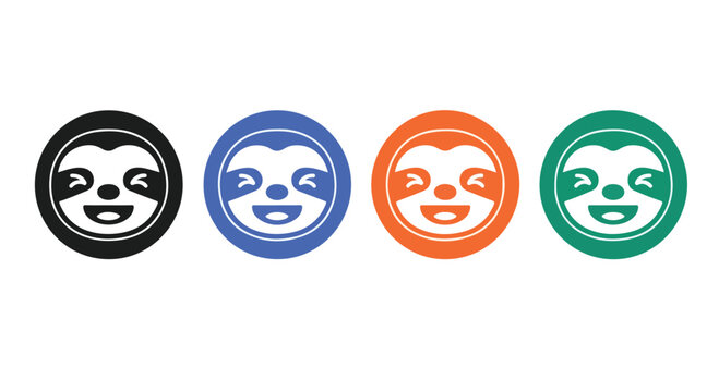 Four colorful circular sloth faces as a playful vector icon set for branding and graphic design.