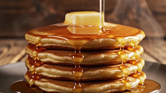 Stack of pancakes with butter and pouring maple syrup