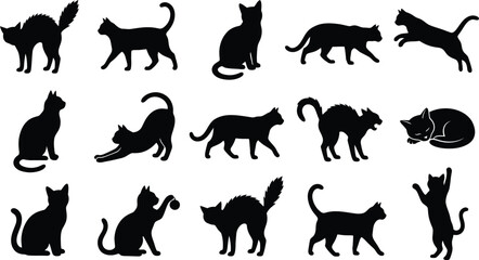 Fototapeta premium Black cat silhouettes in various poses