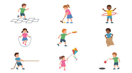 Fototapeta premium Children playing various outdoor games and activities on a sunny day