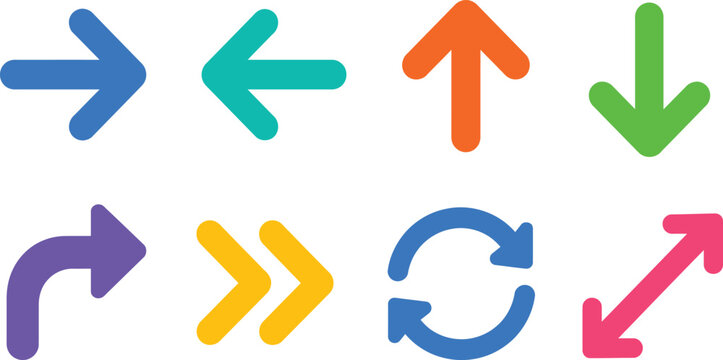 Colorful arrow set with direction and circular icons on a white background
