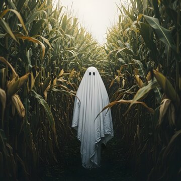 Happy halloween spooky ghost in corn maze festive autumn holiday concept
