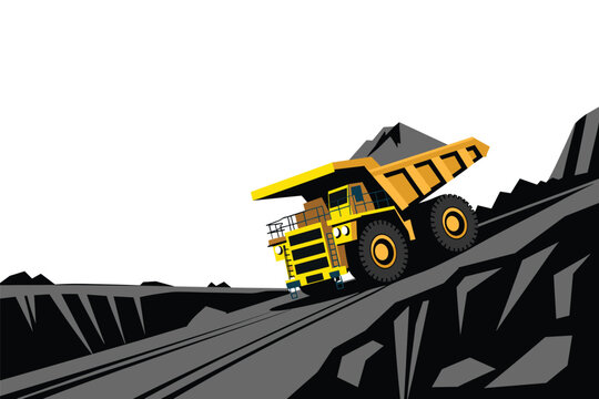 Huge yellow mining dump truck hauling heavy rock materials up a steep dark open pit quarry slope, industrial mining concept