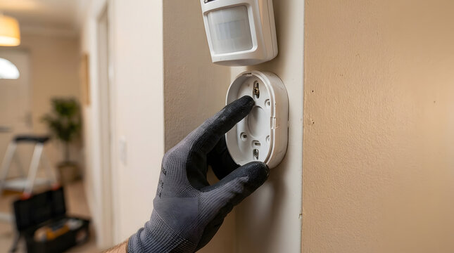 technician installing smart home security sensor | gloved hand mounting pir motion detector bracket | professional residential security system installation | indoor motion sensor mounting on interior 