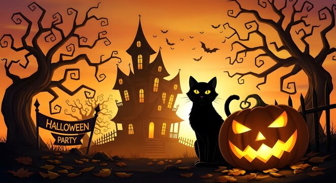 Happy halloween illustration spooky castle black cat and jack o' lantern for festive designs