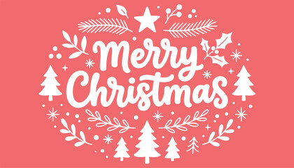 Merry christmas greeting with festive illustrations on coral background © firoz