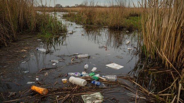 Plastic bottles and household garbage littering a beautiful natural marsh area, water pollution concept