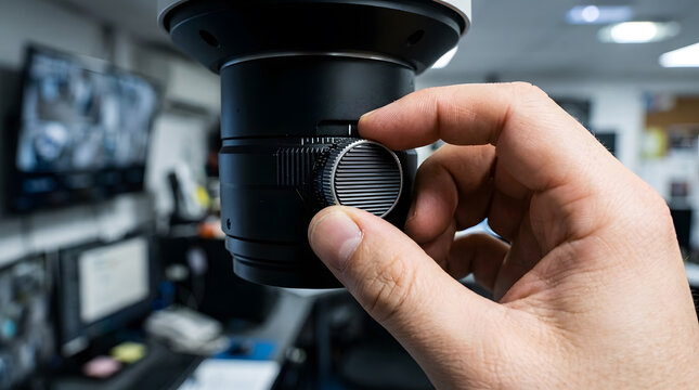 technician adjusting security camera lens focus | CCTV camera installation and maintenance service | hand fine tuning surveillance camera iris settings | professional security system optimization