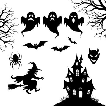 Happy halloween spooky silhouettes of ghosts witch bats spider and haunted house