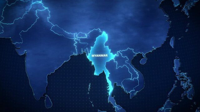 Glowing digital map of Myanmar in Southeast Asia with illuminated cyan borders on a dark blue background, ideal for educational geography presentations and documentary infographics.
