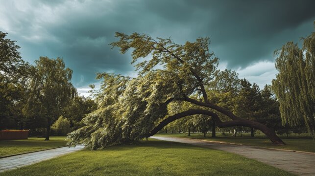 Large old tree fallen on the green grass lawn in a public park after a severe storm