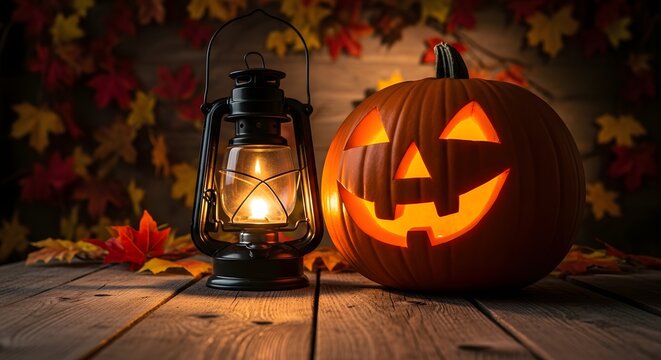Happy halloween decoration with glowing jack o'lantern and lantern on wooden table