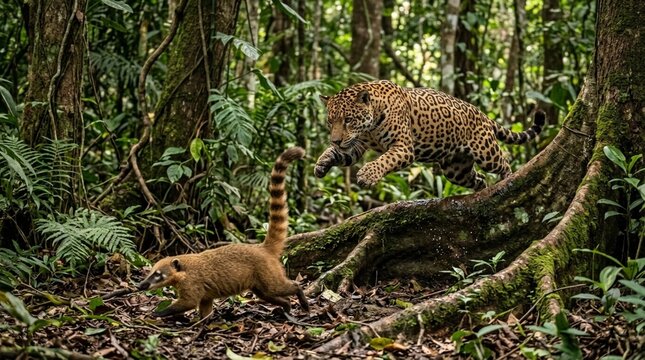 jaguar jumping from tree roots toward a south american coati