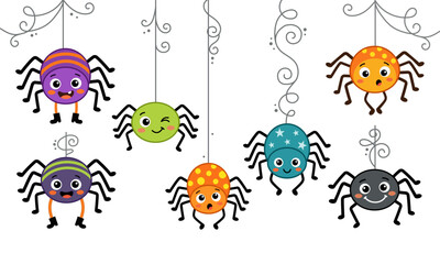 Obraz premium Cute Halloween Hanging Spider Cartoon Vector Set