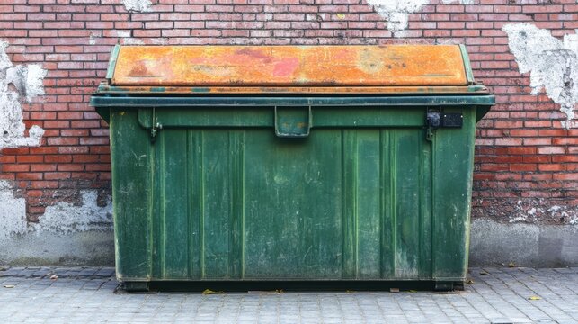 Large green waste container parked outdoors on a city street or near a building