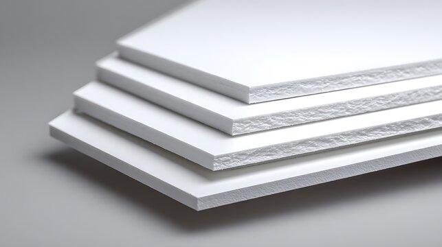Stack of white PVC foam sheets on a gray background. Versatile material for signage, crafts, and industrial.