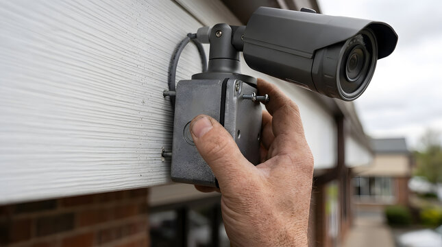 installing outdoor security camera | CCTV camera junction box mounting | home security system installation | technician mounting surveillance camera