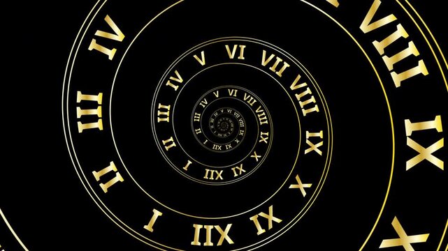 Endless infinity zoom animation featuring a golden spiral clock with roman numerals on alpha channel background, seamless loop