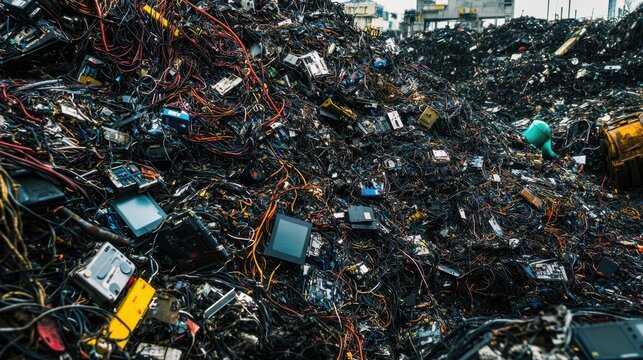 Massive pile of obsolete electronic waste and scrap metal ready for recycling and processing
