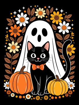 A playful black cat with a bow tie sits in front of a friendly ghost surrounded by flowers and pumpkins. The scene is charmingly arranged with a Halloween theme.