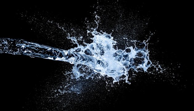 A stream of water splashing and dispersing into droplets against a dark background