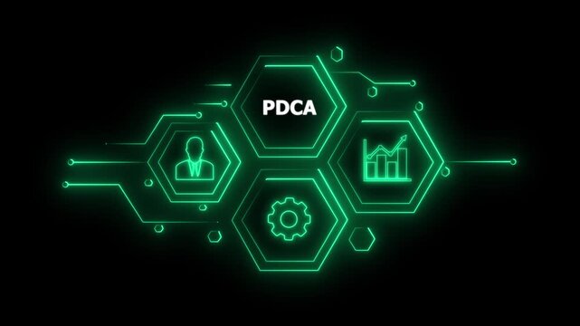 Abstract neon Hud knowledge ability business gear icon Glowing neon line concept. Glowing " PDCA " button in German on a futuristic, abstract wave technology on black background. 4K animation video