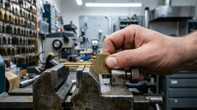 professional locksmith cutting keys in workshop | close up of hand making a duplicate key | brass key blank being placed in a vise | metal key duplication machine service