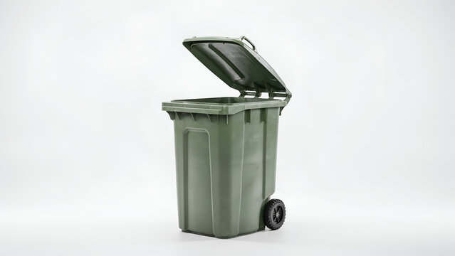 Green Recycling Trash Can with Lid in Park, Isolated White Plastic and Metal Waste Container for Clean Garbage and Rubbish Collection