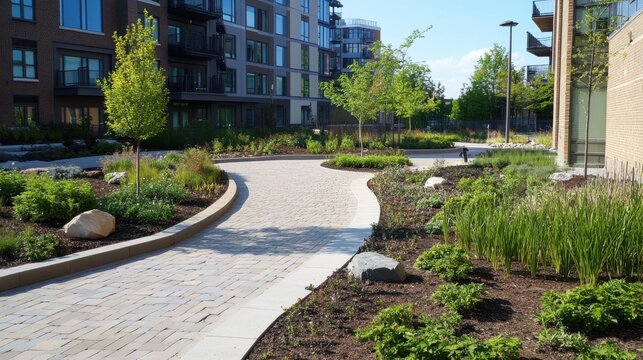 Modern residential area courtyard with pedestrian walkways, green lawns, benches, and contemporary architecture