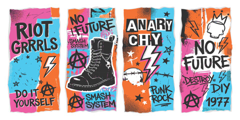 Obraz premium Set of punk rock posters with boots skulls and graffiti slogans for vintage rebellion and music event design