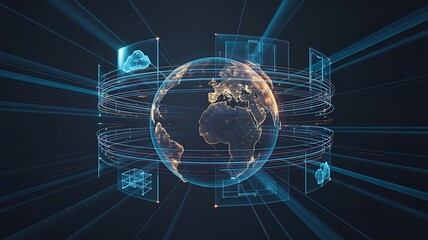 Fototapeta premium Modern digital network globe surrounded by futuristic data visualization elements