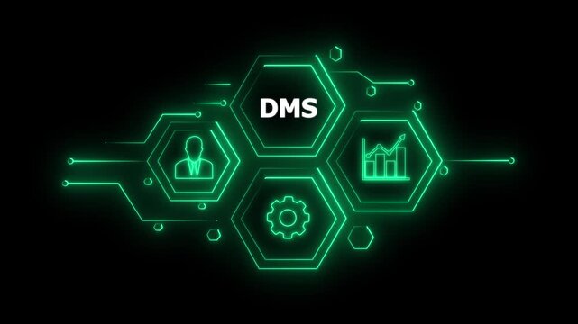 Abstract neon Hud knowledge ability business gear icon Glowing neon line concept. Glowing " DMS " button in German on a futuristic, abstract wave technology on black background. 4K animation video