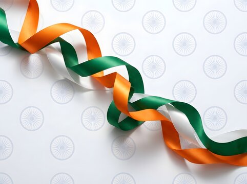 Orange and green twisted ribbons on a light patterned surface background