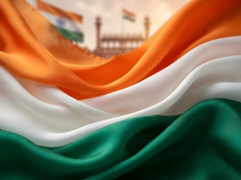 Wavy indian national flag with silk texture and soft lighting effect